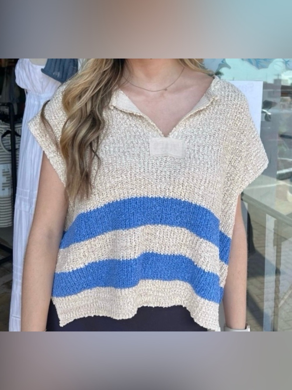 ILLA ILLA Striped Knit Short Sleeve Sweater in Cream and Blue in size Medium